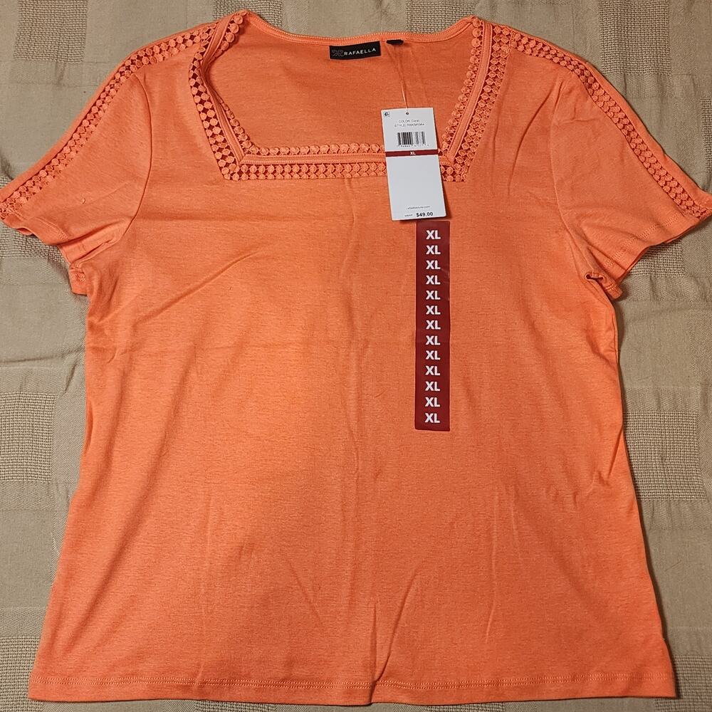 Rafaella Women's Crochet Lace Trims Square neck Top (Coral, XL)